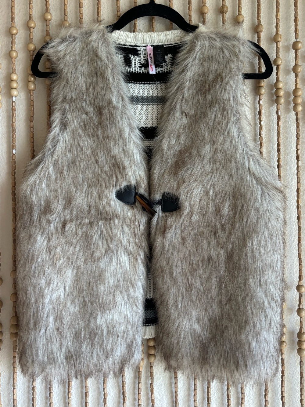 Love by Design Faux Fur Toggle Clasp Boho Southwest Print Sweater Back Boho Vest
